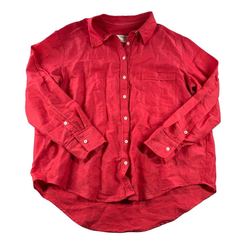 Anthropologie Maeve Linen Blend Button Up Shirt M Coral Pink Oversized Casual